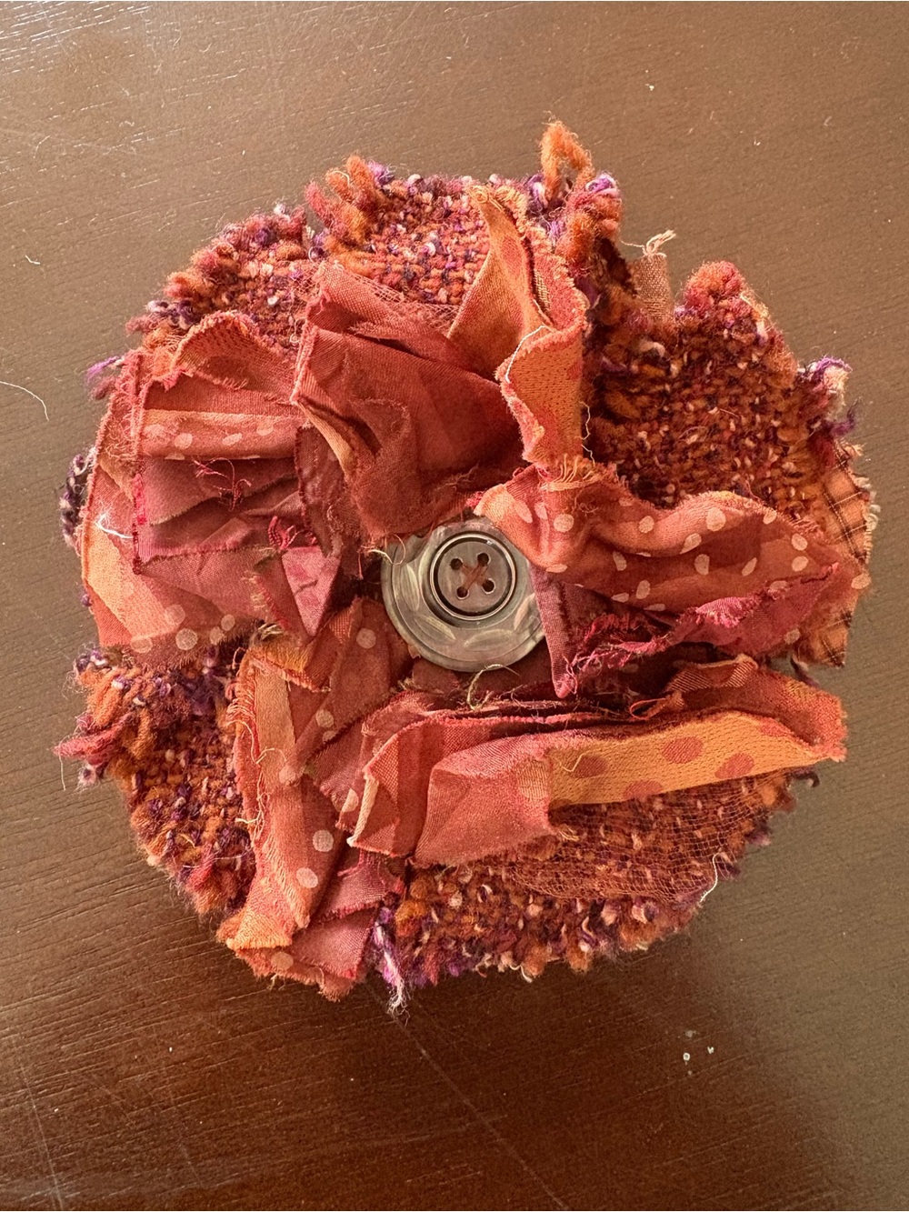 Orange Fabric Flower Brooch with Button Center